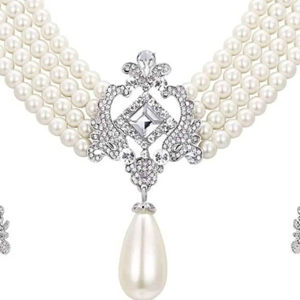 Silver Crystal & Faux Pearl Vintage Inspired Chandelier Necklace & Earrings Set